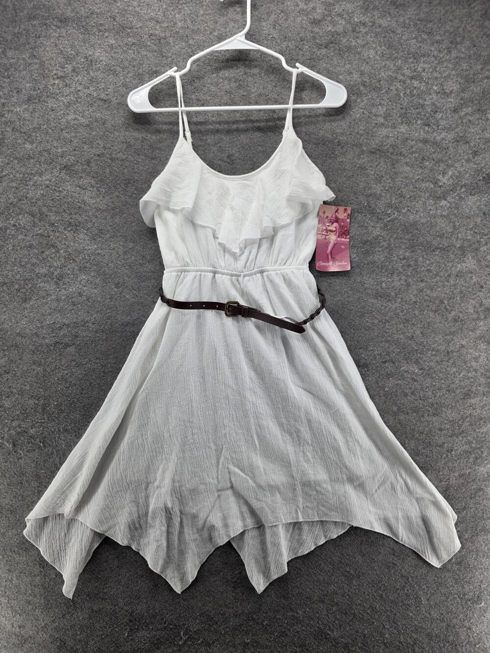 Emerald Sundae Dress Teens S White Sundress Asymmetric Strappy Ruffle Belted